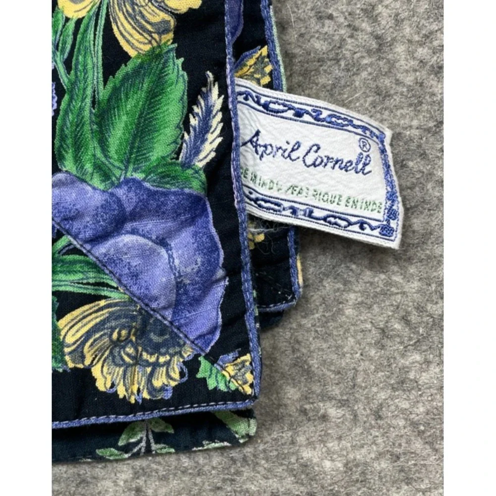 Vintage April Cornell Floral Tablecloth Black Purple Green 47x48